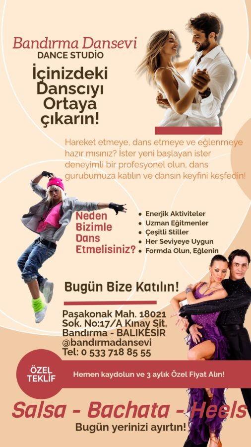 Bandırma Dansevi Salsa, Bachata, Tango, Zumba, Zeybek, Yoga, Pilates, Hiphop